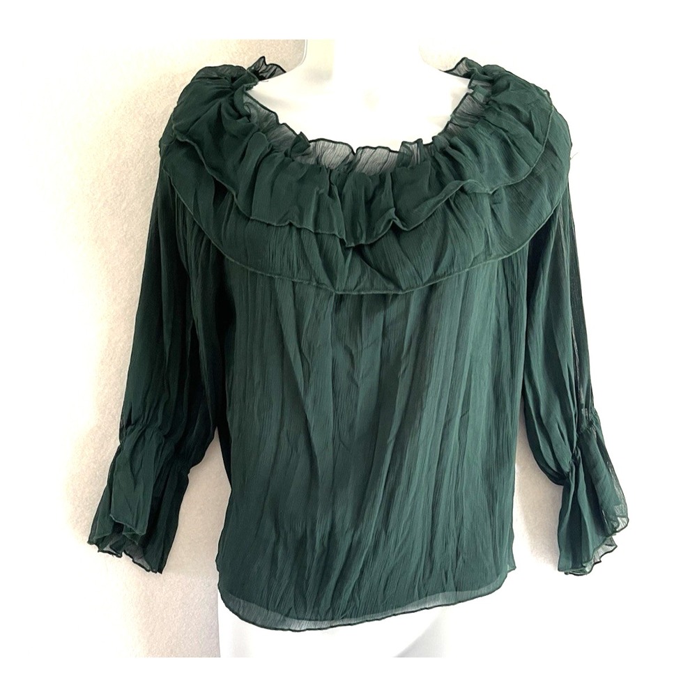 Zara Whimsigoth Dark Green Ruffle Blouse Off Shoulder XS Boho Chic Coquette